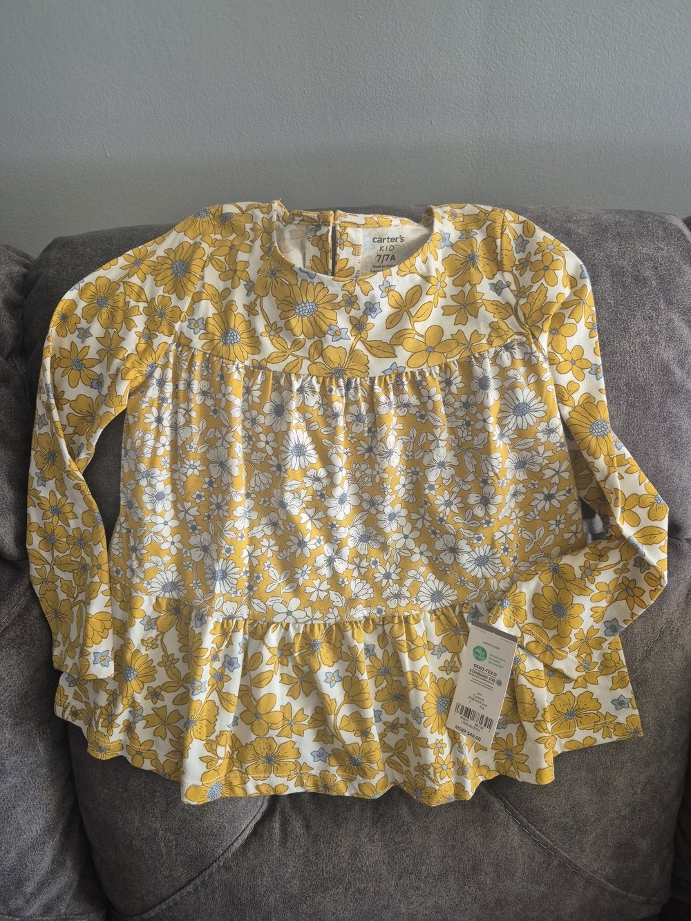Carter's Yellow and White Floral Peplum Long-Sleeve Top